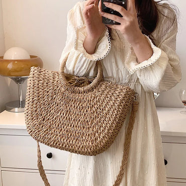 Straw Handbags for Women Summer Beach Bags Vintage Casual Shoulder Bags Women High Capacity Shopper Totes Moon Crossbody Bags