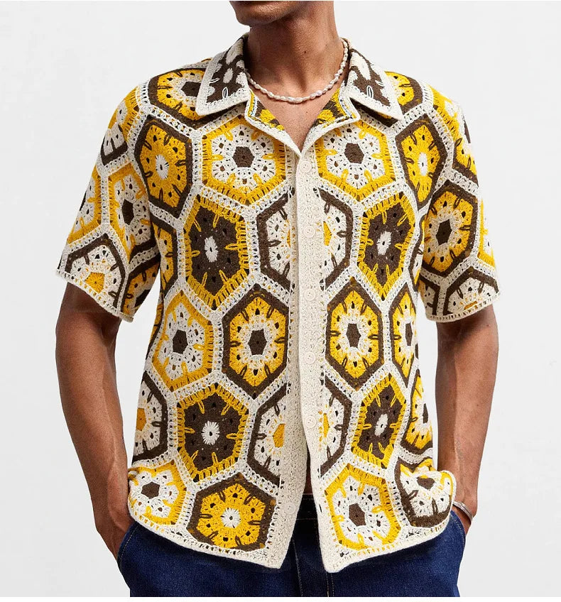 Men’s Ethnic Style Hand-Crocheted Polo Shirt
