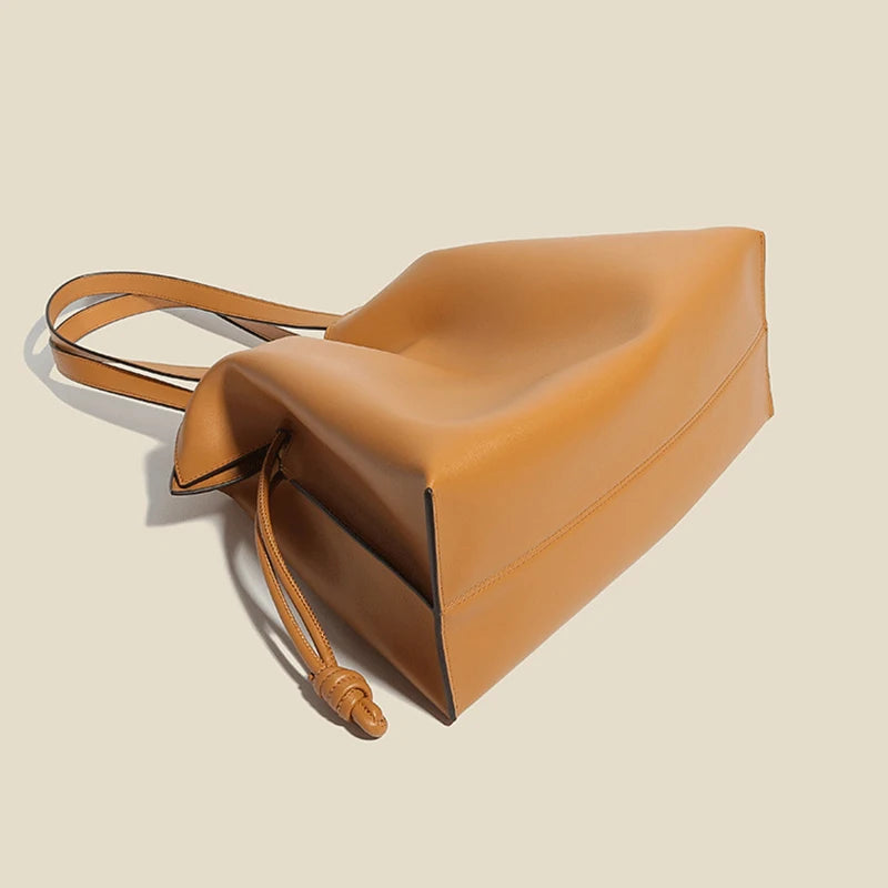 Women’s Cowhide Leather Lucky Bag – Pleated Drawstring Tote