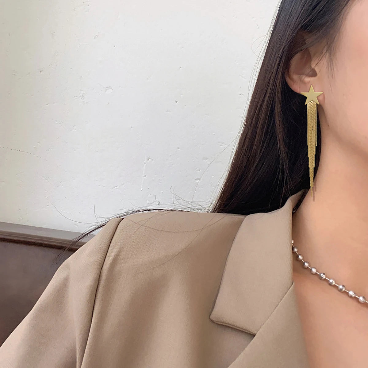 AENSOA Gold Star Tassel Drop Earrings for Women