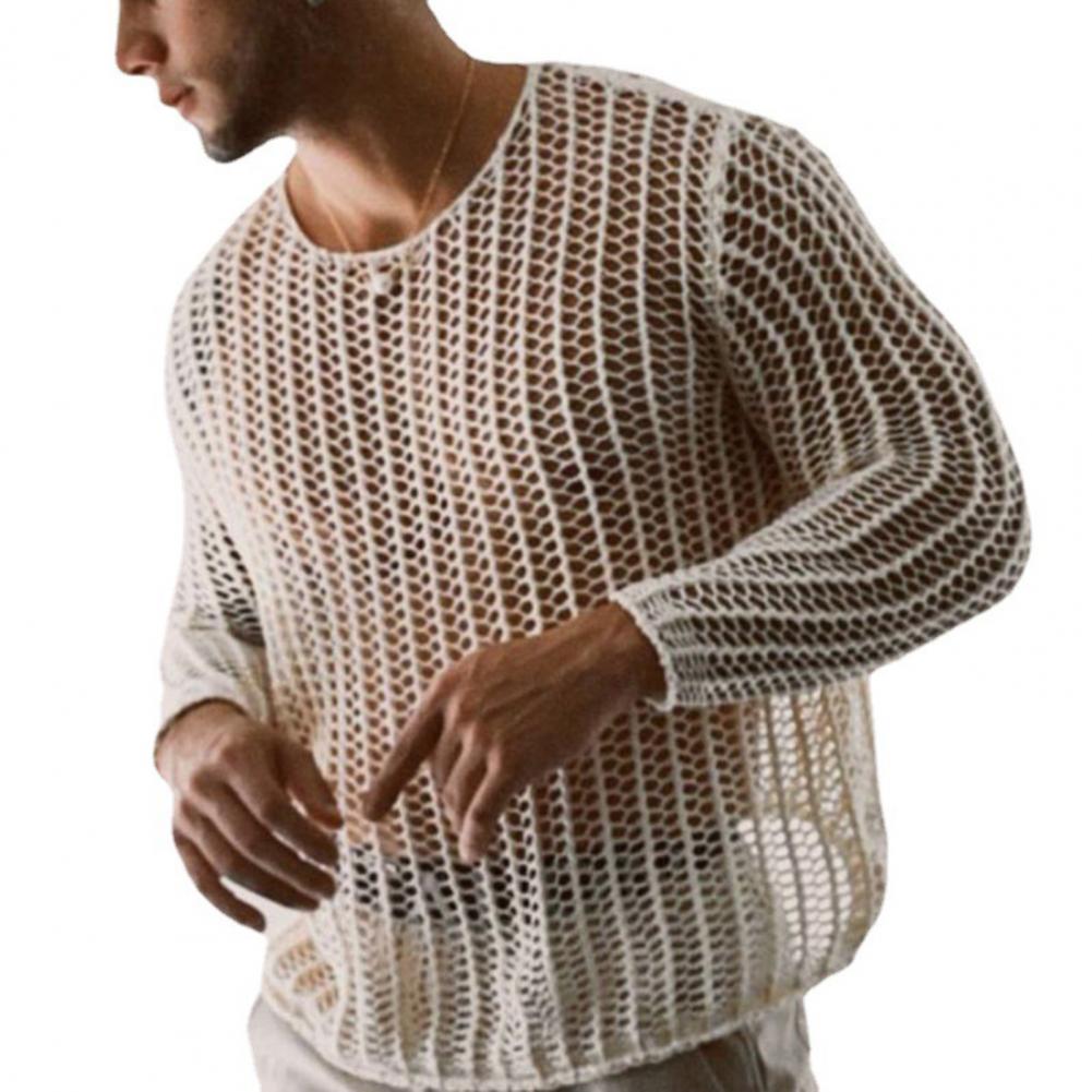 Wear Men Mesh T-shirts Bottoming Shirt Knitted Mesh Top Clothing Autumn Men Knitted Mesh Top Long Sleeve Tees Club Streetwear