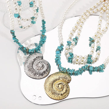 Boho Conch Stone Tassel Pearl Layered Necklace