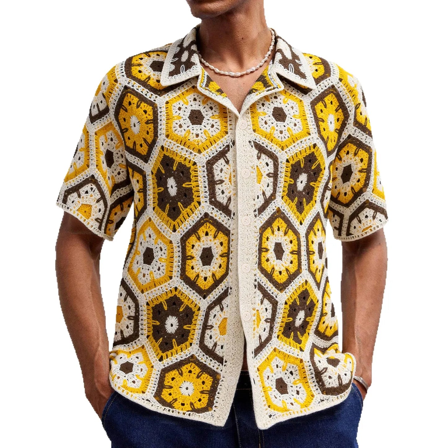 Men’s Ethnic Style Hand-Crocheted Polo Shirt