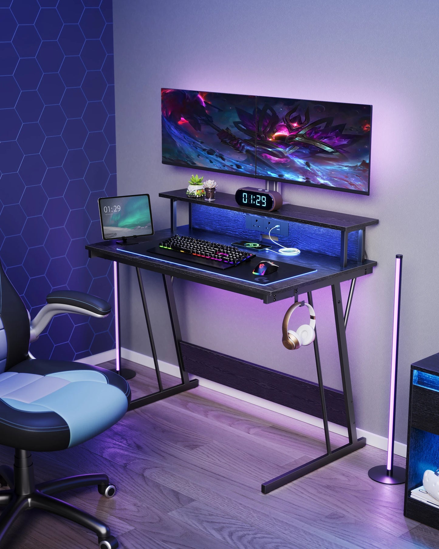 VASAGLE Gaming Desk with LED Lights and Built-In Power Outlets, Computer Desk with Monitor Shelf, Gaming Table, 100x61x91cm