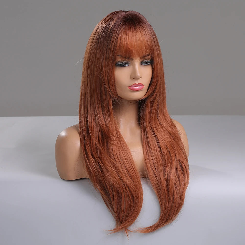 Reddish Brown Straight Layered Synthetic wig with Bangs Long hair Copper Ginger Wig for Women Daily Use Heat Resistant Wigs
