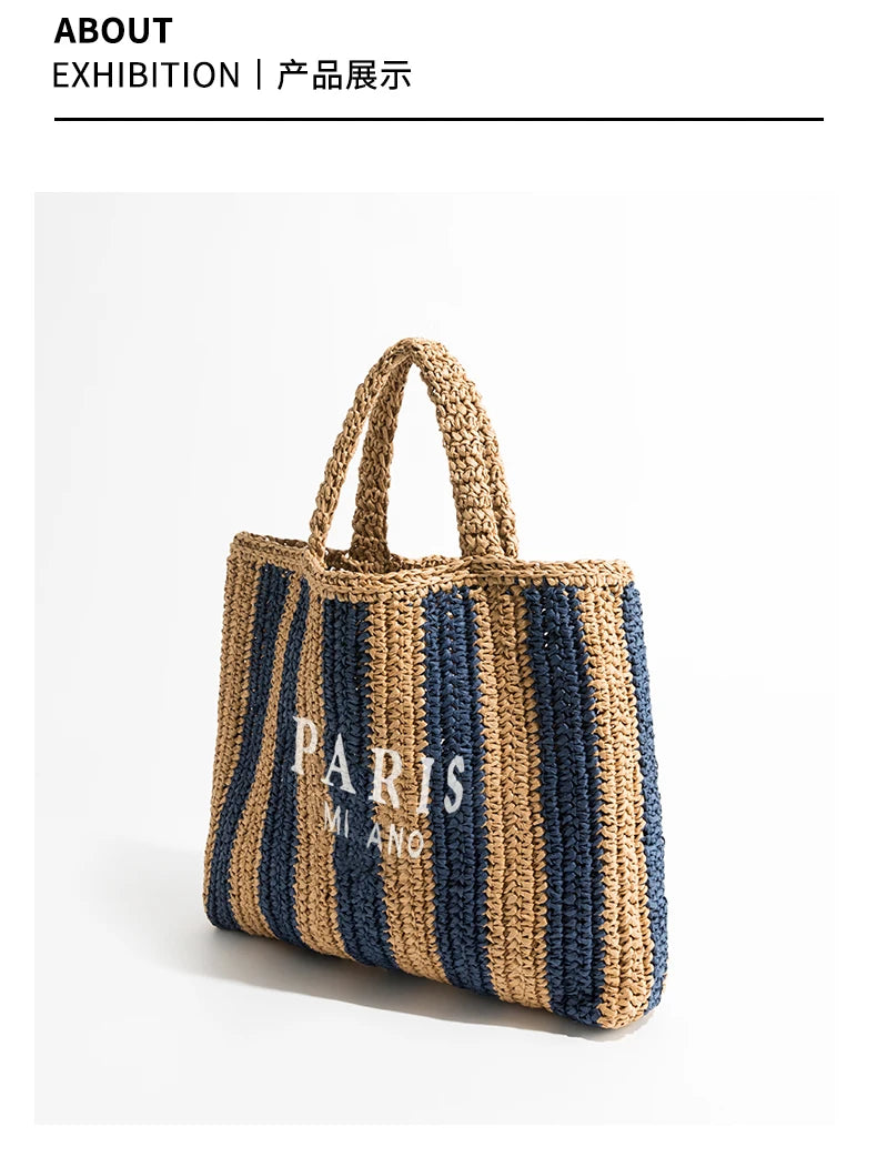 Women's Summer Beach Straw Style Tote Bag Handwoven Large Capacity Luxury Designer Travel Handbags Casual Portable Shoulder Bags