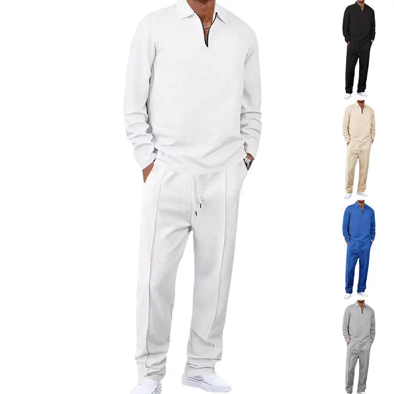 Spring and Autumn Men's Clothing Waffle Fabric Men's Suit Fashion Casual Zipper and Lapel Long Sleeve POLO Shirt Trousers Suit