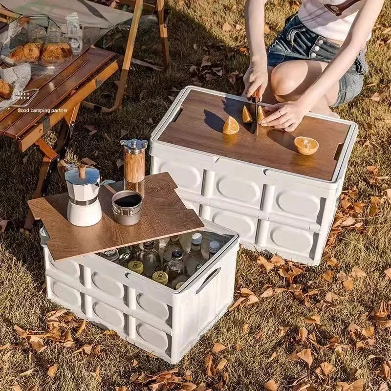 Large Folding Camping Storage Box with Wooden Lid
