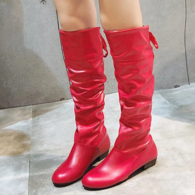 Women Knee-High Boots – Pleated Lace-Up Casual Long Shoes