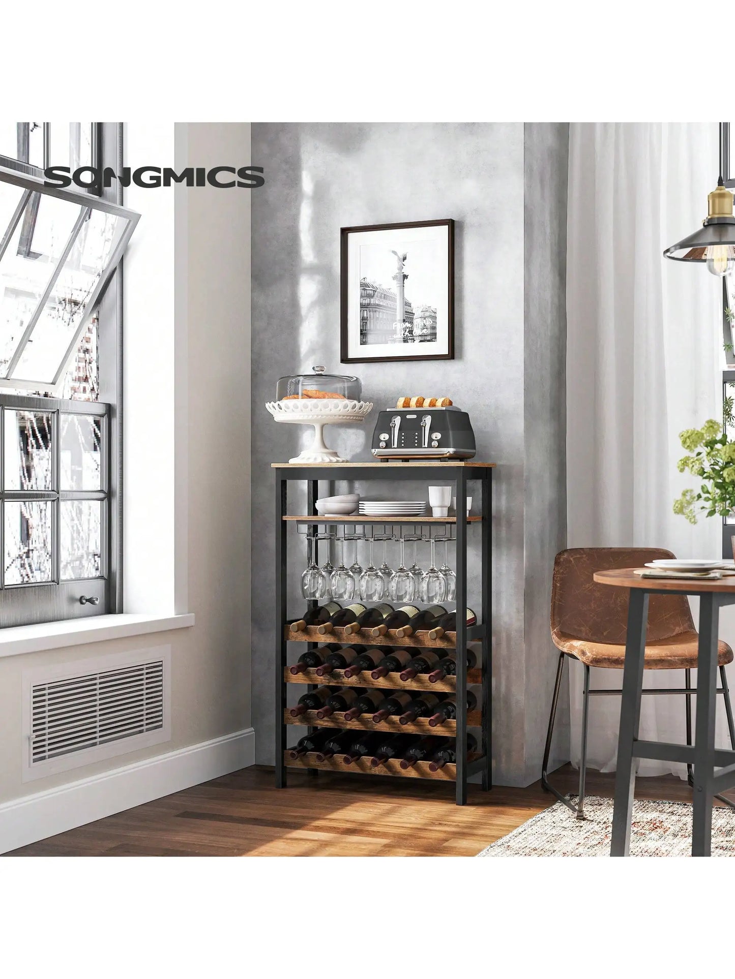 SONGMICS 24-Bottle Free Standing Wine Rack with Glass Holder, Wobble-Free, Kitchen Bar Dining Room,Display Storage Shelf