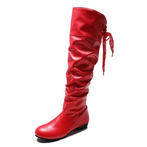 Women Knee-High Boots – Pleated Lace-Up Casual Long Shoes