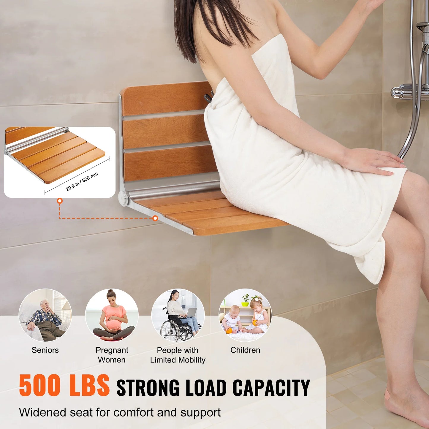 SucceBuy Folding Shower Seat Wall Mounted Fold Up Shower Bench Space Saving Home Care Fold Down Shower Chair for Pregnant Women