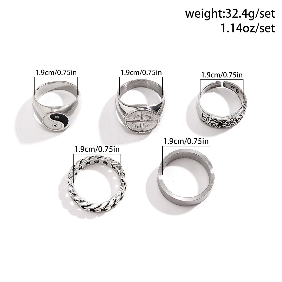 KunJoe 5pcs Punk Tai Chi Rings Set Adjustable for Men