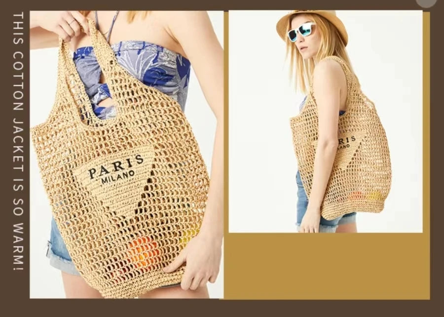 Women's Summer Beach Straw Style Tote Bag Handwoven Large Capacity Luxury Designer Travel Handbags Casual Portable Shoulder Bags