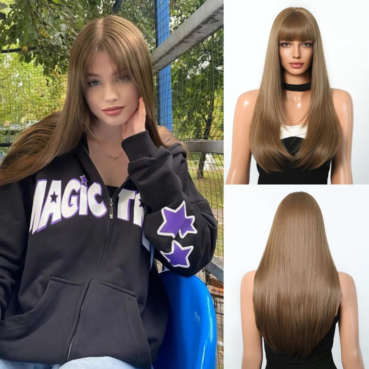 Reddish Brown Straight Layered Synthetic wig with Bangs Long hair Copper Ginger Wig for Women Daily Use Heat Resistant Wigs