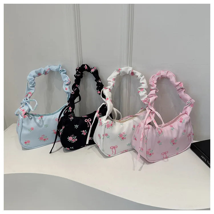 Women's Underarm Bag Summer Canvas Pleated Handlebags Armpit Purse FloralBow Printed Zipper Tote Handbag Female Y2k Shoulder Bag