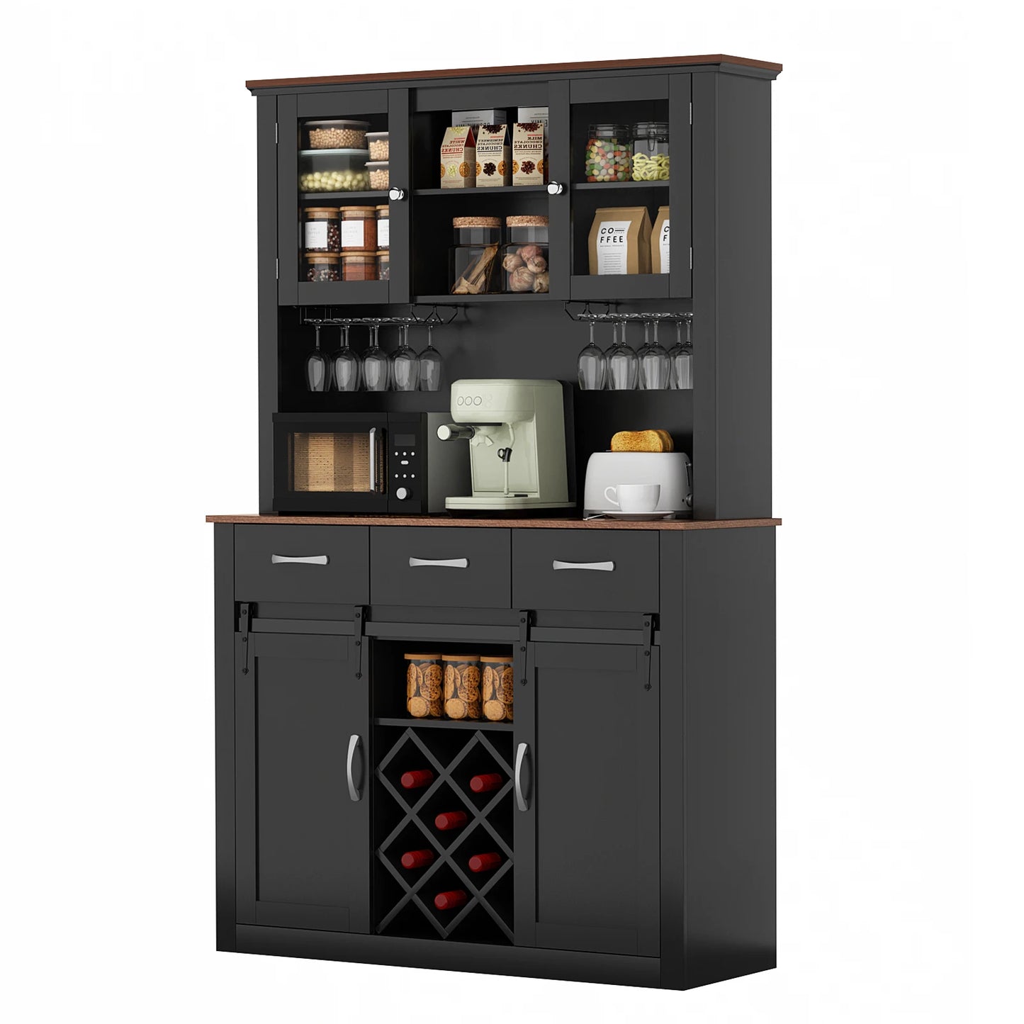 VOWNER 72" Tall Farmhouse Bar Cabinet with Sliding Barn Doors, Kitchen Pantry Storage Cabinet with Wine & Glass Racks