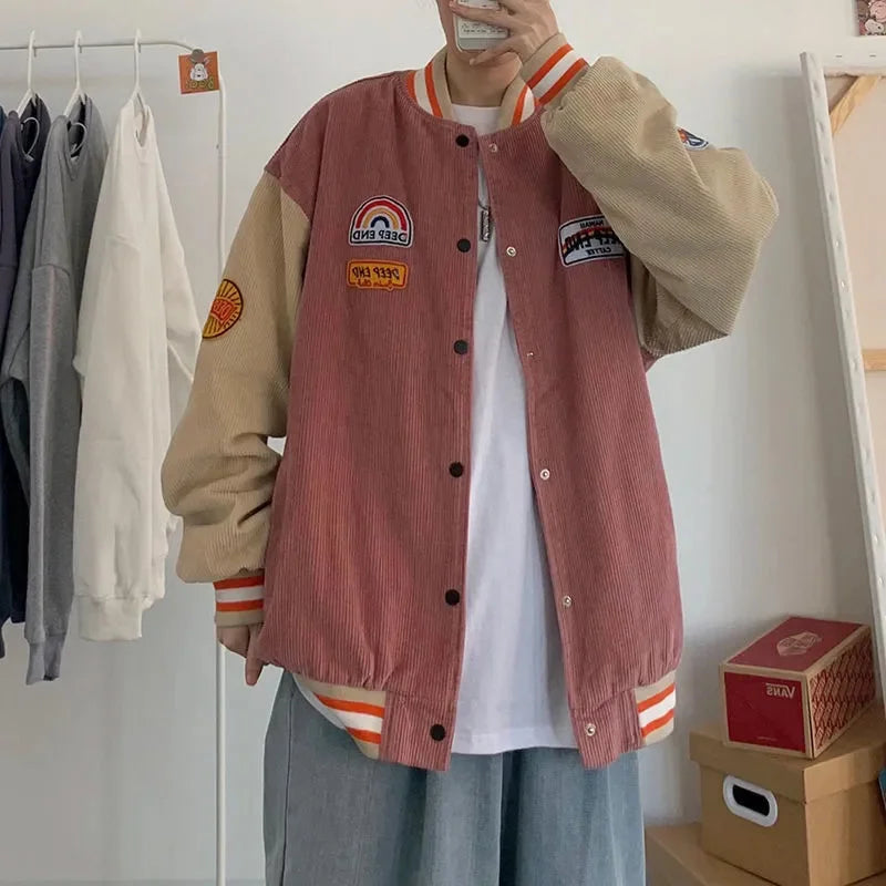 Men’s Corduroy Baseball Jacket Retro Embroidered Coat