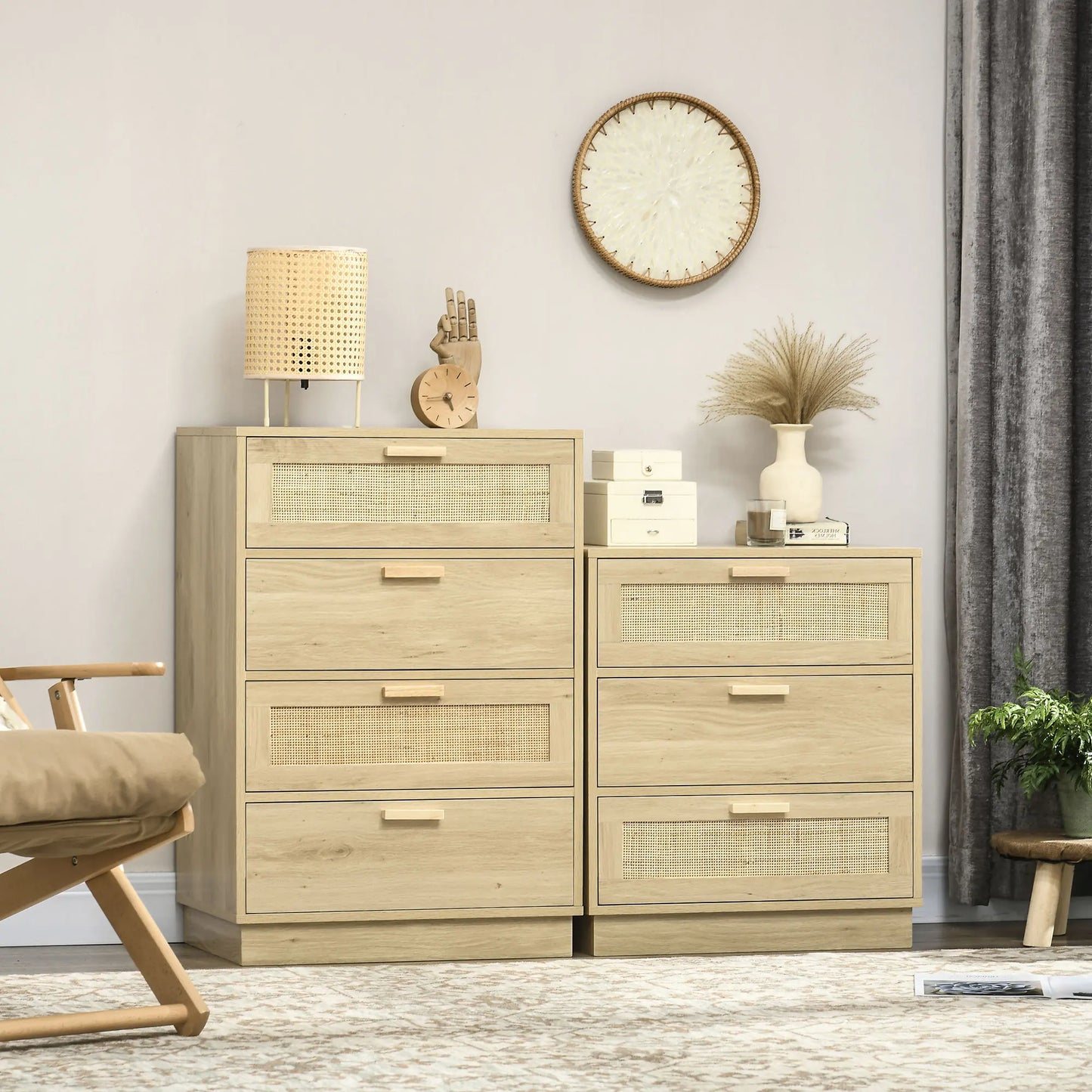 Nightstand with 4 Rattan Grid Drawers