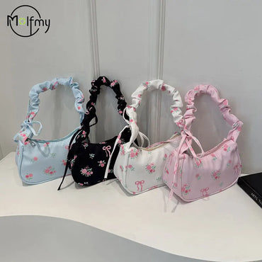Women's Underarm Bag Summer Canvas Pleated Handlebags Armpit Purse FloralBow Printed Zipper Tote Handbag Female Y2k Shoulder Bag
