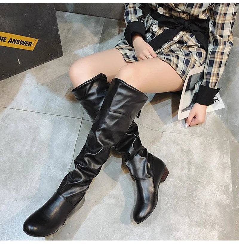 Women Knee-High Boots – Pleated Lace-Up Casual Long Shoes
