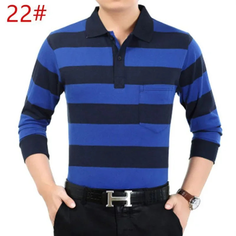 Men’s Striped Polo Shirt – Long Sleeve Cotton Casual