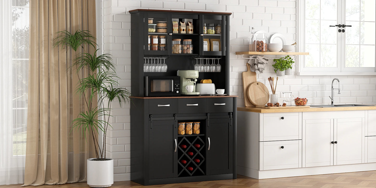 VOWNER 72" Tall Farmhouse Bar Cabinet with Sliding Barn Doors, Kitchen Pantry Storage Cabinet with Wine & Glass Racks