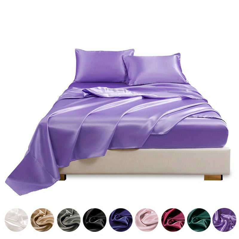 This 4pcs Satin Bed Sheet Set Includes One Fitted Sheet, One Flat Sheet, And Two Pillowcases Without Inserts. The Solid Color Showcases a Simple And Elegant Design That Never Goes Out of Style. Made from Polyester, The Fabric