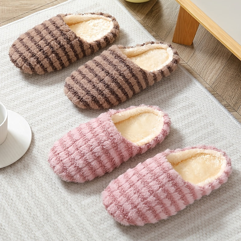 Women's Warm Plush Striped Print House Slippers - Slip-on Round Toe Anti-slip Soft Sole Casual Home Slides - For Women - Perfect for Cozy Winter Nights at Home - Ideal Gift for Her