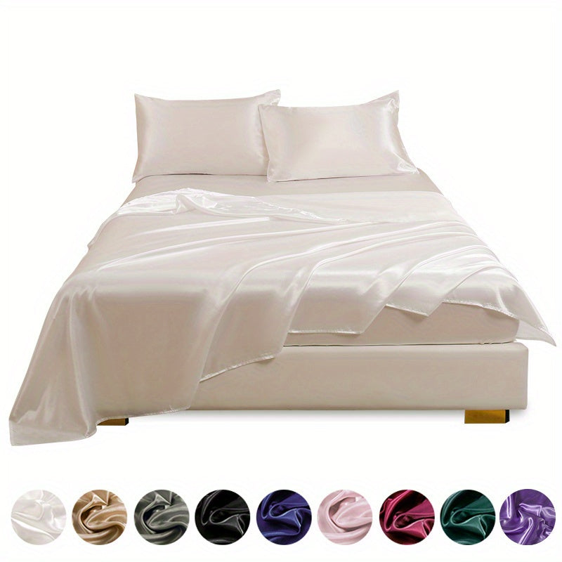This 4pcs Satin Bed Sheet Set Includes One Fitted Sheet, One Flat Sheet, And Two Pillowcases Without Inserts. The Solid Color Showcases a Simple And Elegant Design That Never Goes Out of Style. Made from Polyester, The Fabric