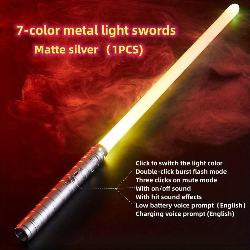 Rechargeable Light Sword, Upgraded Version 7 Colors Metal Handle, 1800mAh 18650 Series Lithium Battery, Aluminum Alloy Material, 2-in-1 with 3 Sound Effects, Light Grey, Black, Golden, Silvery Grey, USB Charging, ≤36V Opera