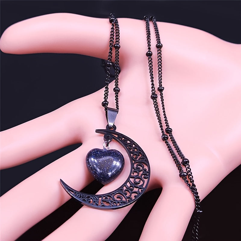 Black Stainless Steel Moon Heart Charm Necklace for Women
