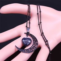 Black Stainless Steel Moon Heart Charm Necklace for Women