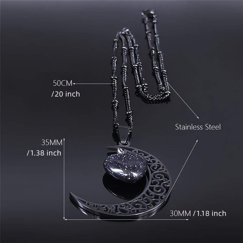 Black Stainless Steel Moon Heart Charm Necklace for Women