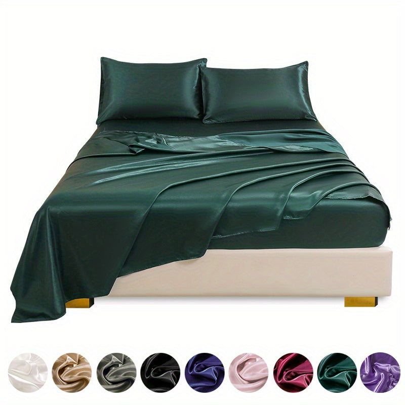 This 4pcs Satin Bed Sheet Set Includes One Fitted Sheet, One Flat Sheet, And Two Pillowcases Without Inserts. The Solid Color Showcases a Simple And Elegant Design That Never Goes Out of Style. Made from Polyester, The Fabric
