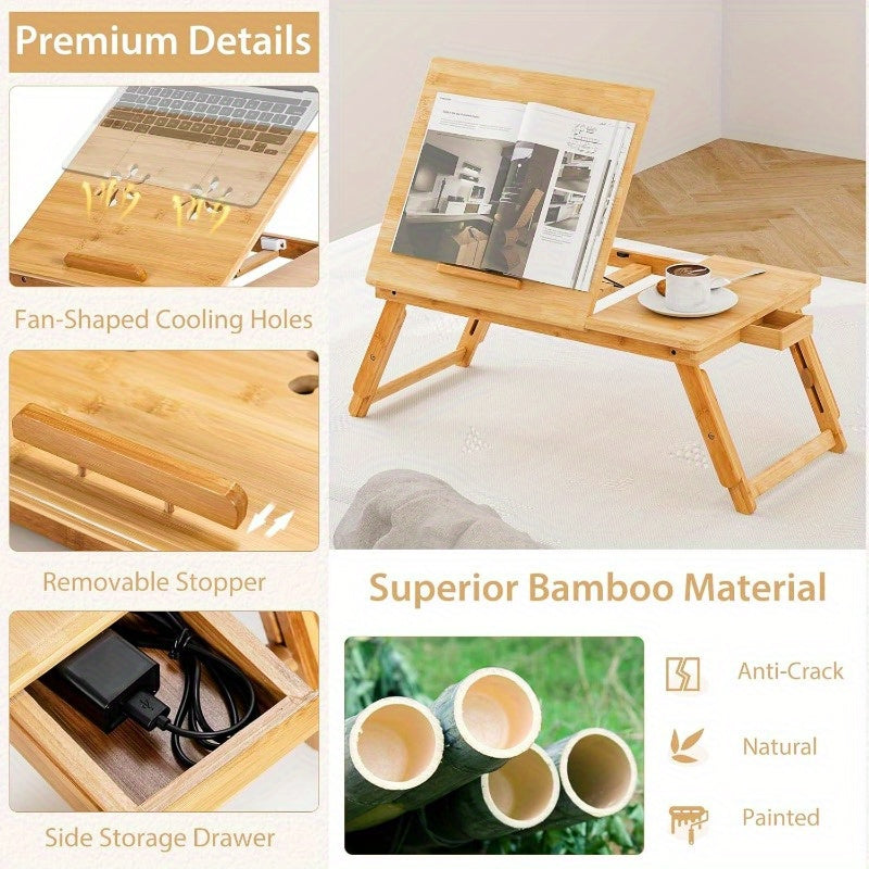 Bamboo Folding Laptop Desk with Tilting Top & Drawer