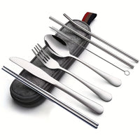 Portable Utensils, Travel Camping Cutlery Set, 8pcs including Knife Fork Spoon Chopsticks Cleaning Brush Straws Portable Case, Stainless Steel Flatware set