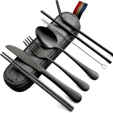 Portable Utensils, Travel Camping Cutlery Set, 8pcs including Knife Fork Spoon Chopsticks Cleaning Brush Straws Portable Case, Stainless Steel Flatware set