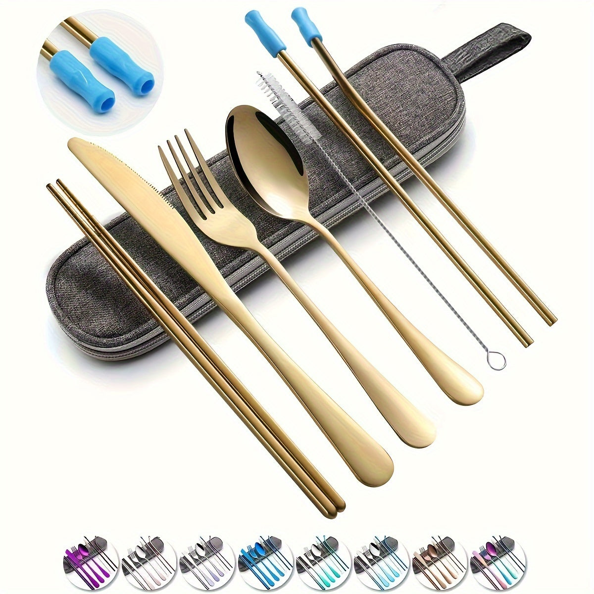 Portable Utensils, Travel Camping Cutlery Set, 8pcs including Knife Fork Spoon Chopsticks Cleaning Brush Straws Portable Case, Stainless Steel Flatware set