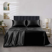 This 4pcs Satin Bed Sheet Set Includes One Fitted Sheet, One Flat Sheet, And Two Pillowcases Without Inserts. The Solid Color Showcases a Simple And Elegant Design That Never Goes Out of Style. Made from Polyester, The Fabric