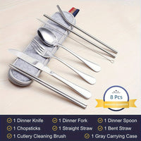 Portable Utensils, Travel Camping Cutlery Set, 8pcs including Knife Fork Spoon Chopsticks Cleaning Brush Straws Portable Case, Stainless Steel Flatware set