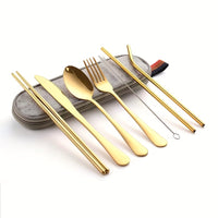Portable Utensils, Travel Camping Cutlery Set, 8pcs including Knife Fork Spoon Chopsticks Cleaning Brush Straws Portable Case, Stainless Steel Flatware set
