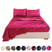 This 4pcs Satin Bed Sheet Set Includes One Fitted Sheet, One Flat Sheet, And Two Pillowcases Without Inserts. The Solid Color Showcases a Simple And Elegant Design That Never Goes Out of Style. Made from Polyester, The Fabric