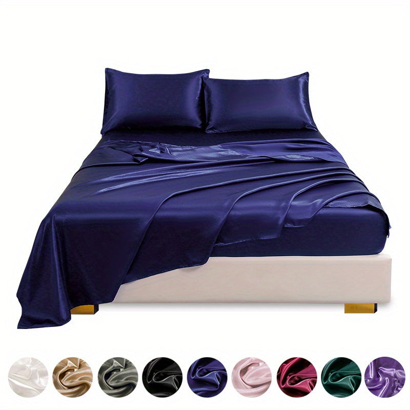 This 4pcs Satin Bed Sheet Set Includes One Fitted Sheet, One Flat Sheet, And Two Pillowcases Without Inserts. The Solid Color Showcases a Simple And Elegant Design That Never Goes Out of Style. Made from Polyester, The Fabric