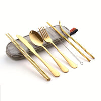 Portable Utensils, Travel Camping Cutlery Set, 8pcs including Knife Fork Spoon Chopsticks Cleaning Brush Straws Portable Case, Stainless Steel Flatware set