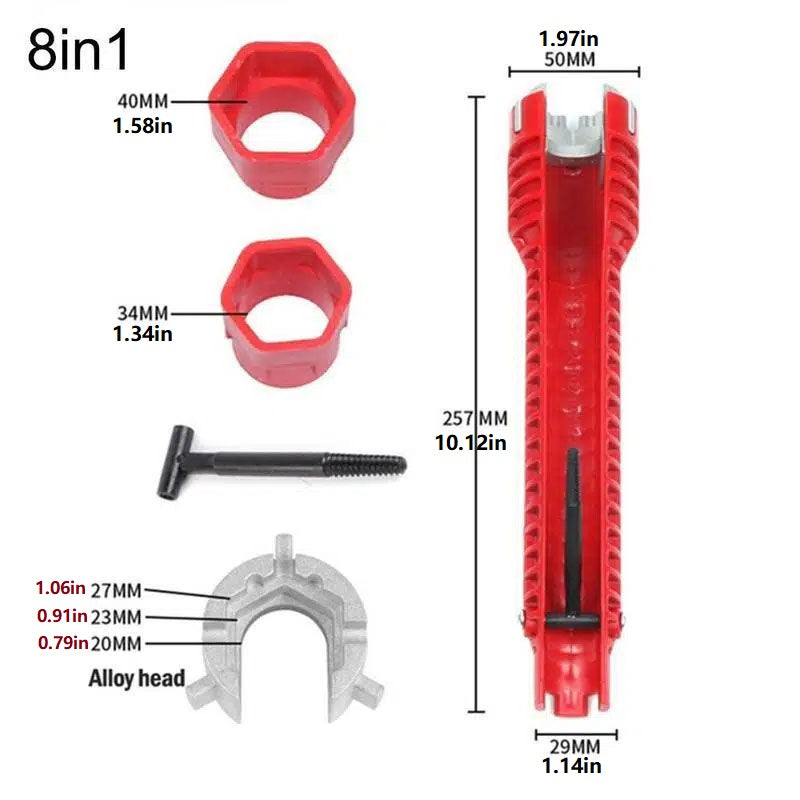 Versatile 8-in-1 Red Aluminum Multifunctional Sink Wrench - Durable Rubber Grip Handle for Easy Bathroom Installation & Repair