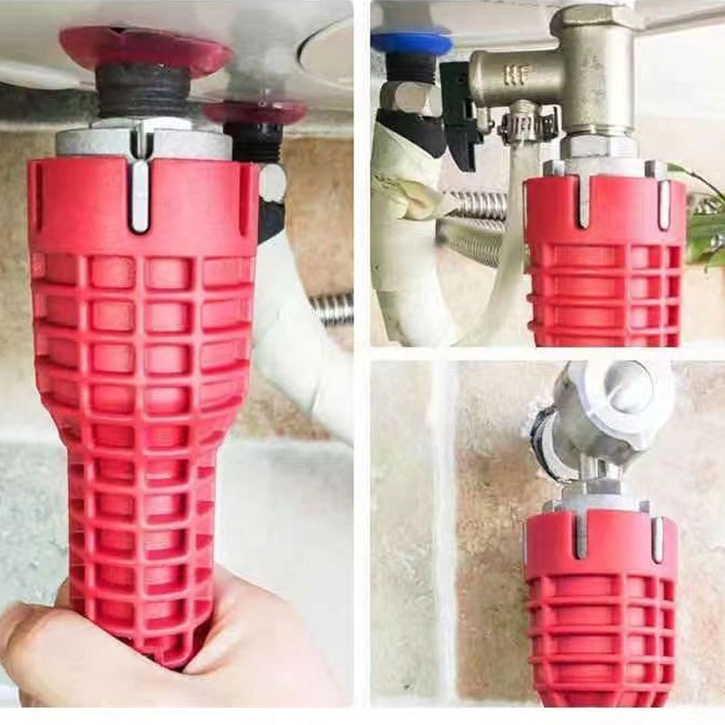Versatile 8-in-1 Red Aluminum Multifunctional Sink Wrench - Durable Rubber Grip Handle for Easy Bathroom Installation & Repair