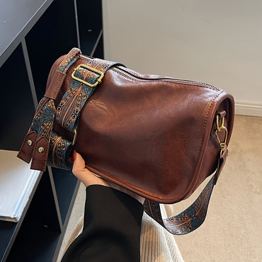 Stylish Large Capacity Crossbody Bag - Graphic Pattern Zipper Shoulder Bag With Wide Strap - Daily Purse