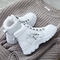 Women'S K2001 High-Top Winter Boots - Stylish White Lace-Up with Faux Fur Lining, Waterproof PVC Sole, Casual All-Season Footwear, Casual Winter Boots|Faux Fur Lined Boots|Laceup Boots