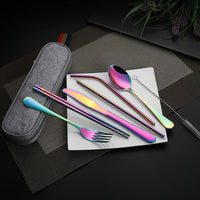 Portable Utensils, Travel Camping Cutlery Set, 8pcs including Knife Fork Spoon Chopsticks Cleaning Brush Straws Portable Case, Stainless Steel Flatware set
